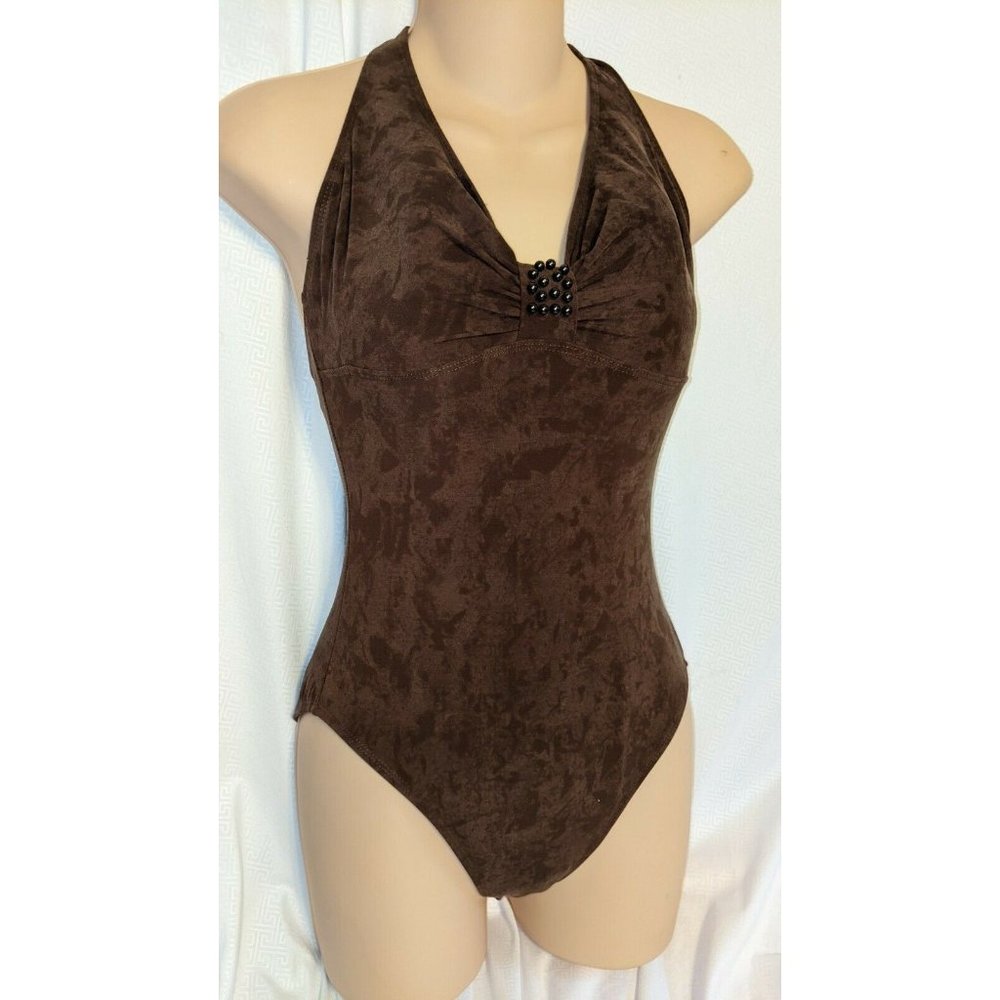 Magicsuit by Miraclesuit Brown Faux Suede One Piece Halter Swimsuit Sz 8 Lined